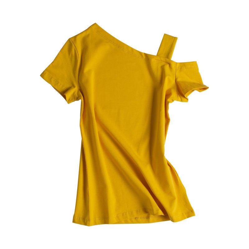 2021 White Cotton Short Sleeve T-Shirt Womens Crossbody Pullover Tight Fit Korean Style Off-The-Shoulder Base Layer Top Womens Wine Red  - Image 2
