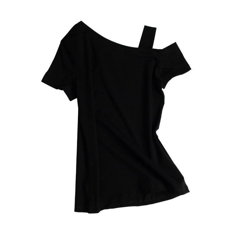 2021 White Cotton Short Sleeve T-Shirt Womens Crossbody Pullover Tight Fit Korean Style Off-The-Shoulder Base Layer Top Womens Wine Red  - Image 5