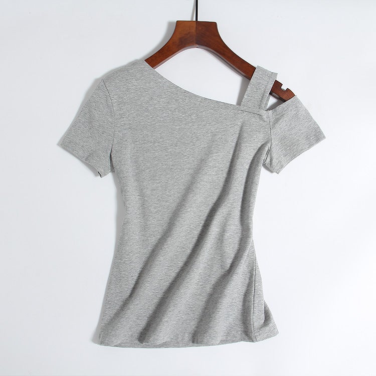 2021 White Cotton Short Sleeve T-Shirt Womens Crossbody Pullover Tight Fit Korean Style Off-The-Shoulder Base Layer Top Womens Wine Red  - Image 4