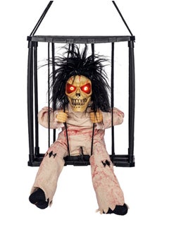 Halloween Decorations Animatronics Scary Toys, Lighted Up Eyes Ghost Prisoner in The Cage, Creepy Sound Skeleton Ghost Decor, Motion Activated Halloween Decor, Scary Haunted House Prop for Kids Adults