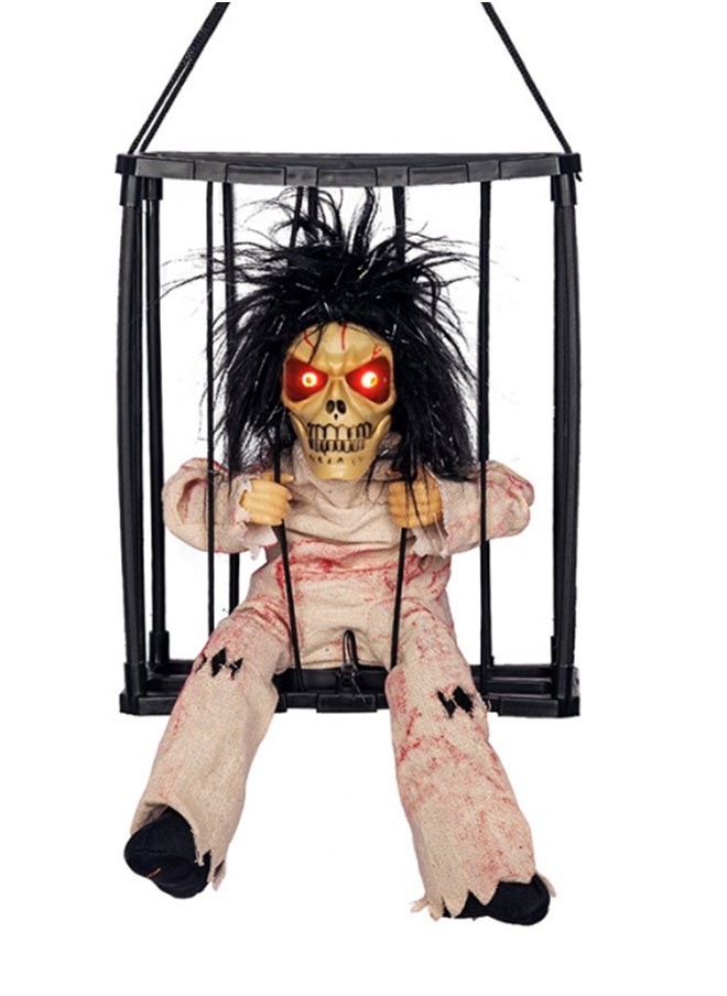 JCB CHIC - Halloween Decorations Animatronics Scary Toys, Lighted Up Eyes Ghost Prisoner in The Cage, Creepy Sound Skeleton Ghost Decor, Motion Activated Halloween Decor, Scary Haunted House Prop for Kids Adults - Image 1