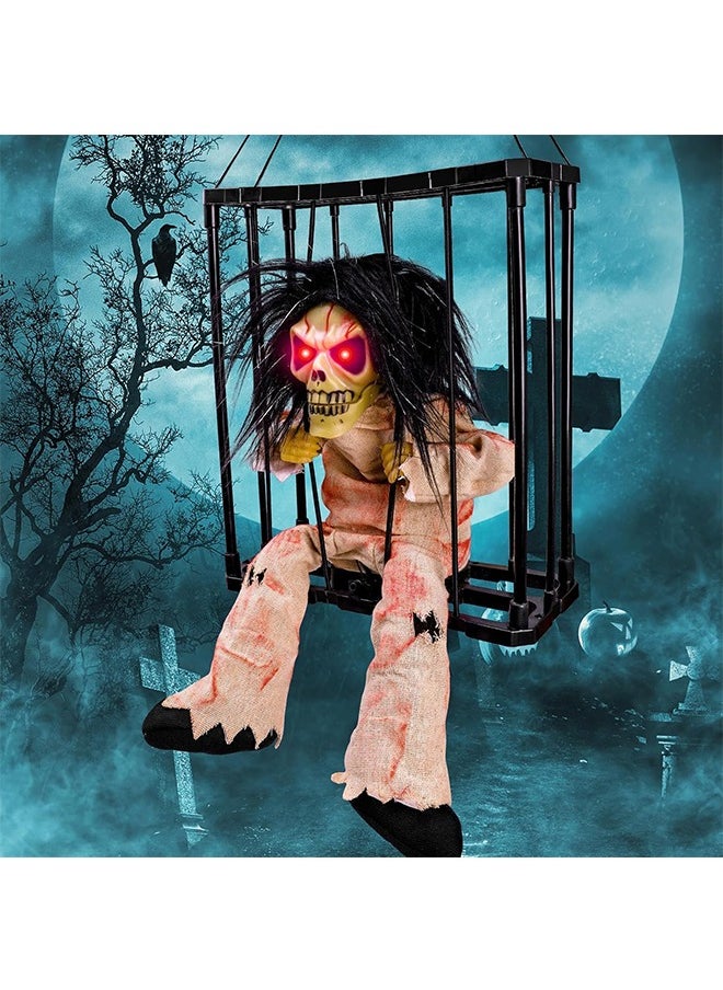 JCB CHIC - Halloween Decorations Animatronics Scary Toys, Lighted Up Eyes Ghost Prisoner in The Cage, Creepy Sound Skeleton Ghost Decor, Motion Activated Halloween Decor, Scary Haunted House Prop for Kids Adults - Image 1