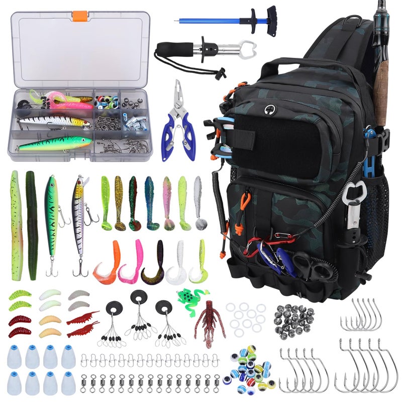 VKVXCLON Fishing Backpack with Tackle Boxes,Waterproof Fishing Shoulder Bag for Fishing Gear,Fish Bag with 136 Pcs Fishing Lures Kit,Fish Hook Remover Tool,Fish Lip Gripper,Fishing Plier,Gifts for Men (Green) - Image 1
