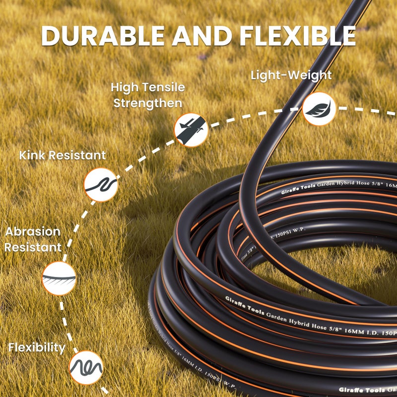 Giraffe Tools Garden Hose 5/8", Water Hose Heavy Duty, Flexible, Lightweight Hybrid Hose with Swivel Handle, 100ft Male to Female Fittings, Burst 600 PSI - Image 2