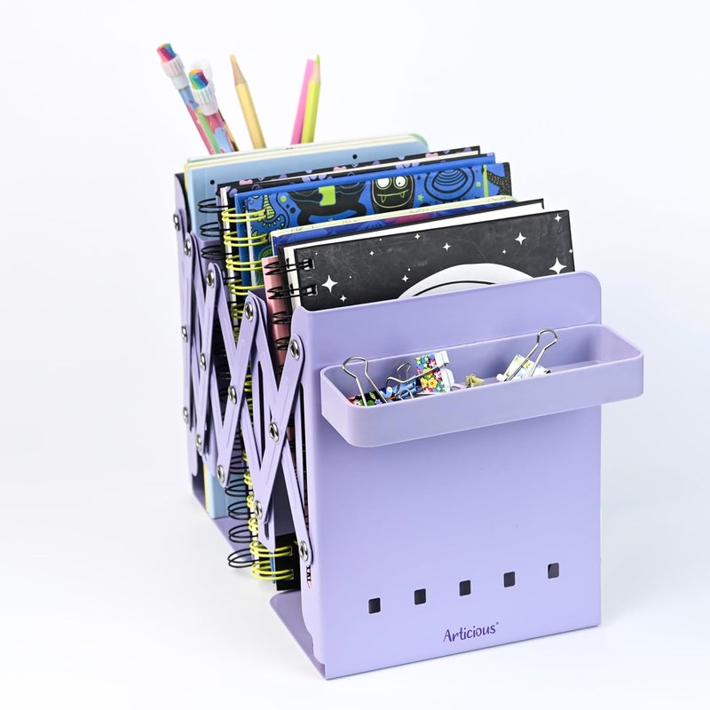 Articious Adjustable Bookend Organizer with Pen Holder | Expandable Desk Bookshelf for Office, Study, and Home | Book Rack Stand for Books, Files & Stationery (Extends Up to 17 Inches) (Purple) - Image 3