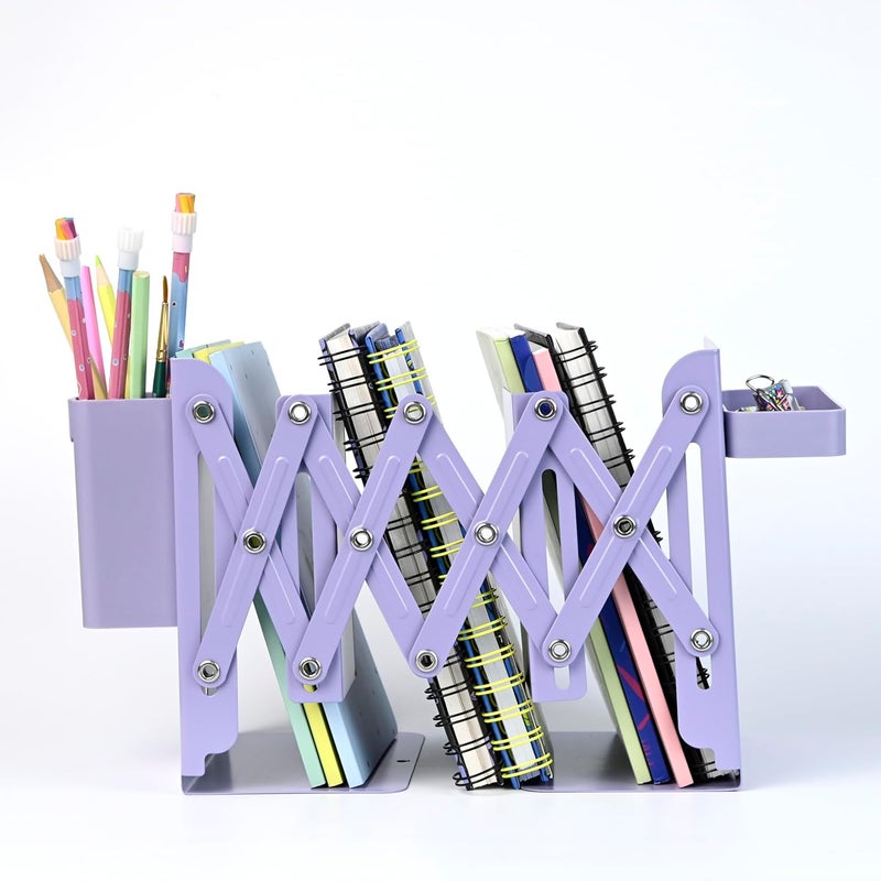 Articious Adjustable Bookend Organizer with Pen Holder | Expandable Desk Bookshelf for Office, Study, and Home | Book Rack Stand for Books, Files & Stationery (Extends Up to 17 Inches) (Purple) - Image 2