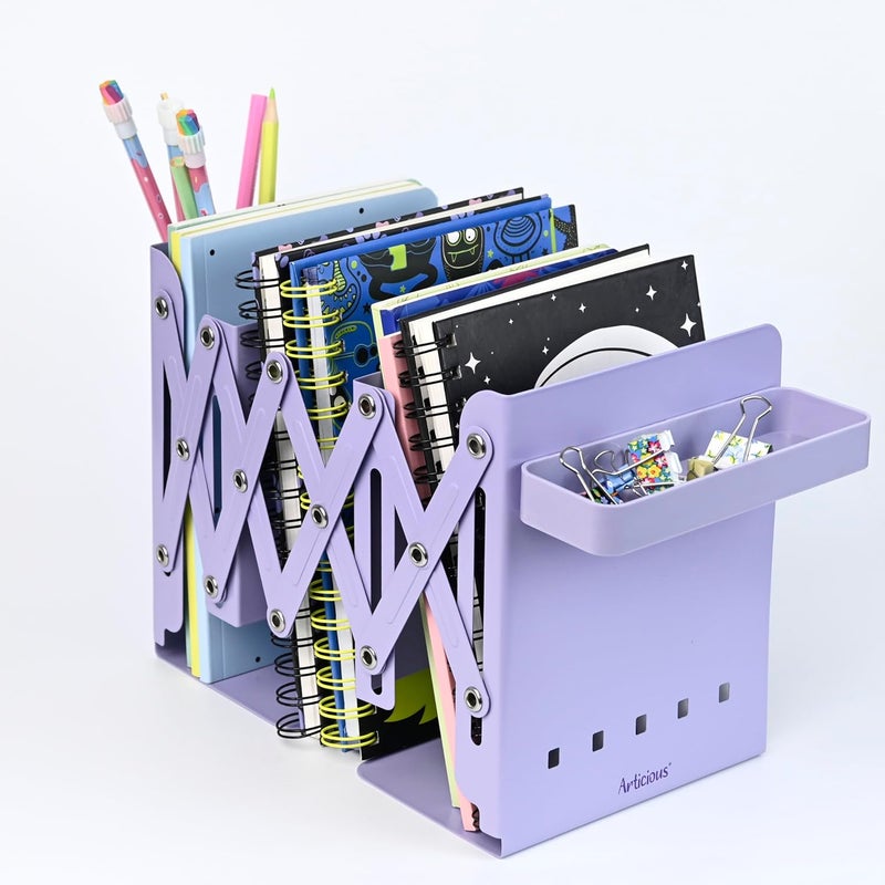 Articious Adjustable Bookend Organizer with Pen Holder | Expandable Desk Bookshelf for Office, Study, and Home | Book Rack Stand for Books, Files & Stationery (Extends Up to 17 Inches) (Purple) - Image 1