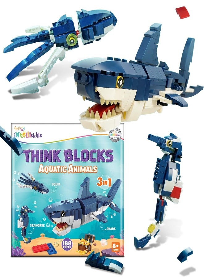 FIRSTCRY INTELLISKILLS مجموعة Intelliskills Think Blocks: مجموعة حيوانات مائية 3 في 1 مكونة من 118 قطعة، سمكة قرش، حبار، وفرس بحر، مجموعة بناء نماذج للأطفال، مجموعة بناء STEM للأطفال الصغار، لعبة تجميع ولعب، لعبة أنشطة وهدايا (أزرق) - Image 1