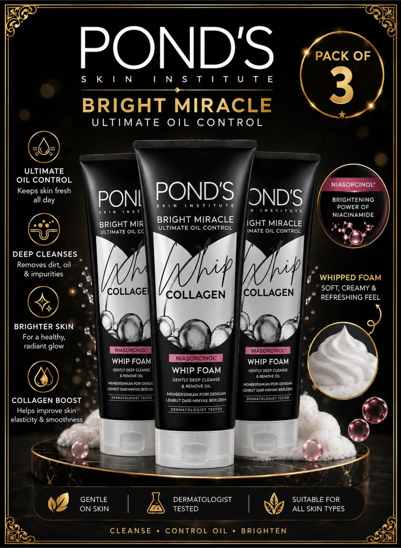 Pond's Bright Miracle Ultimate Oil Control Whip Collagen Facial Foam 100g x 3 - Image 1
