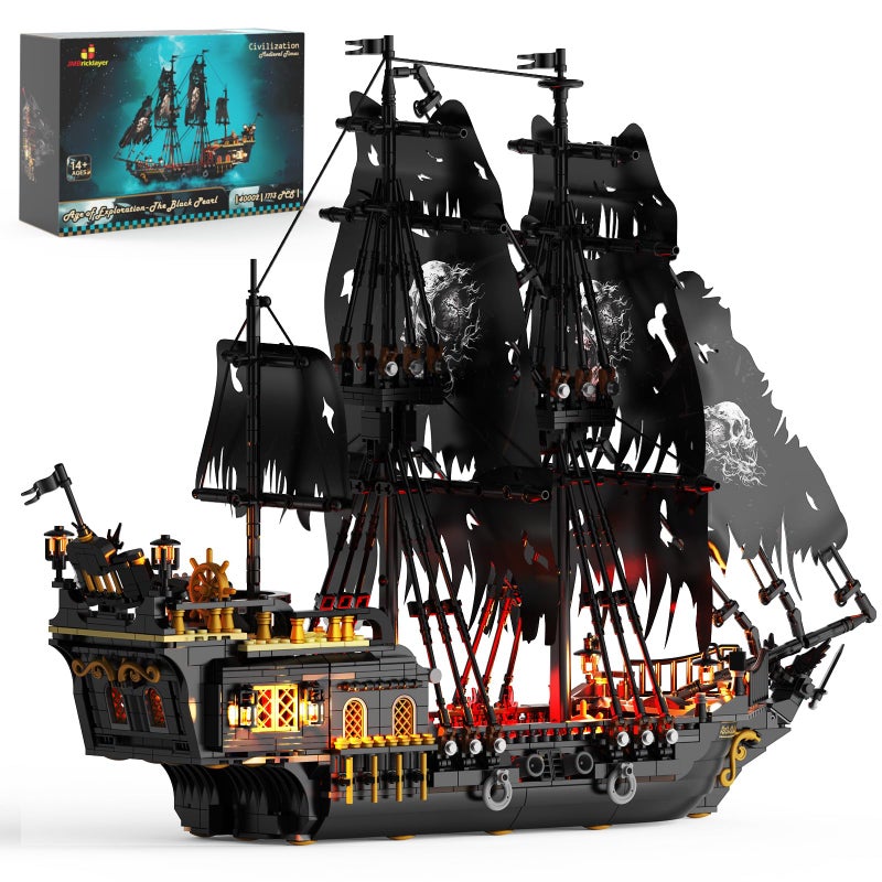 JMBricklayer Pirate Ship Building Toys with Lights, Pearl Pirate Ship Model Boat Kit 40002, Black Ship Toy Building Sets for Adult Teens 14+, Home Office Decor Valentines Gifts(1713 PCS) New Upgrade - Image 1