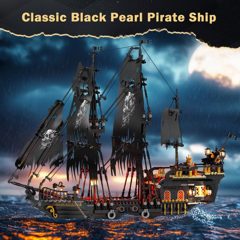 JMBricklayer Pirate Ship Building Toys with Lights, Pearl Pirate Ship Model Boat Kit 40002, Black Ship Toy Building Sets for Adult Teens 14+, Home Office Decor Valentines Gifts(1713 PCS) New Upgrade - Image 2