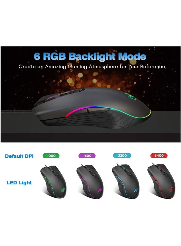 RGB Gaming Mouse, 4 DPI (1000/1600/3200/6400) Optical LED Mouse Wired with 7 Buttons RGB Marquee LED, Ideal for Laptop PC Computer Games - Image 2