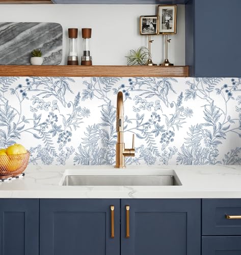 Micpolo Peel and Stick Wallpaper Blue and White Floral Wall Paper for Bedroom Blue Contact Paper for Cabinets Self-Adhesive Removable Wallpaper for Bathroom Kitchen Wall Decor 118" x 17.3" - Image 3