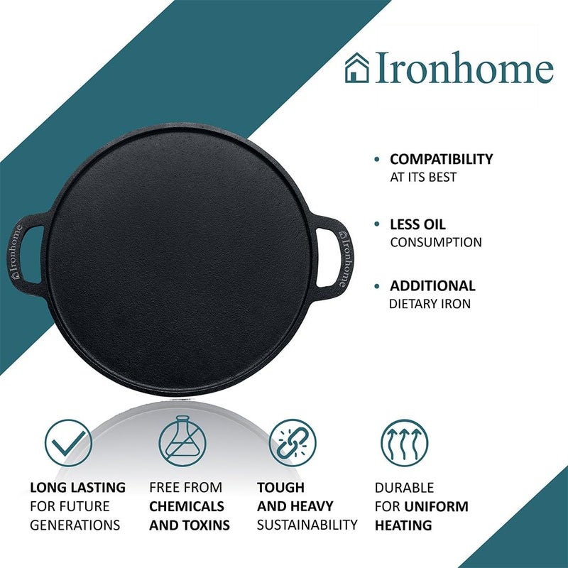 IRONHOME طاسة دوسا من الحديد الزهر الممتاز لتحضير دوسا مقرمشة بشكل مثالي | كبيرة الحجم مسبقة التتبيل | طاسة متينة ومتعددة الاستخدامات | طاسة دوسا تقليدية من الحديد الزهر، سوداء (12 بوصة) + ملعقة فولاذية - Image 4
