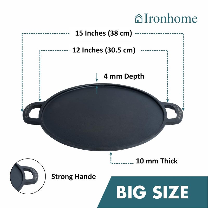 IRONHOME طاسة دوسا من الحديد الزهر الممتاز لتحضير دوسا مقرمشة بشكل مثالي | كبيرة الحجم مسبقة التتبيل | طاسة متينة ومتعددة الاستخدامات | طاسة دوسا تقليدية من الحديد الزهر، سوداء (12 بوصة) + ملعقة فولاذية - Image 2