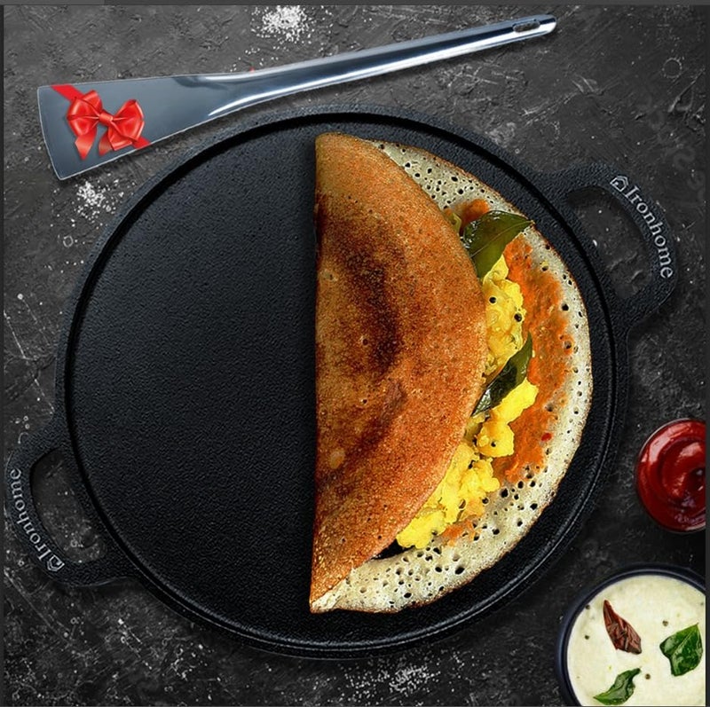 IRONHOME طاسة دوسا من الحديد الزهر الممتاز لتحضير دوسا مقرمشة بشكل مثالي | كبيرة الحجم مسبقة التتبيل | طاسة متينة ومتعددة الاستخدامات | طاسة دوسا تقليدية من الحديد الزهر، سوداء (12 بوصة) + ملعقة فولاذية - Image 1