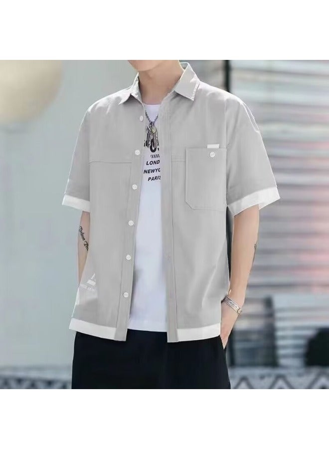 Spring Short-sleeve Versatile Patchwork Shirt Men's Recommendation Style Trendy Fake Two-piece Shirt For Teenagers