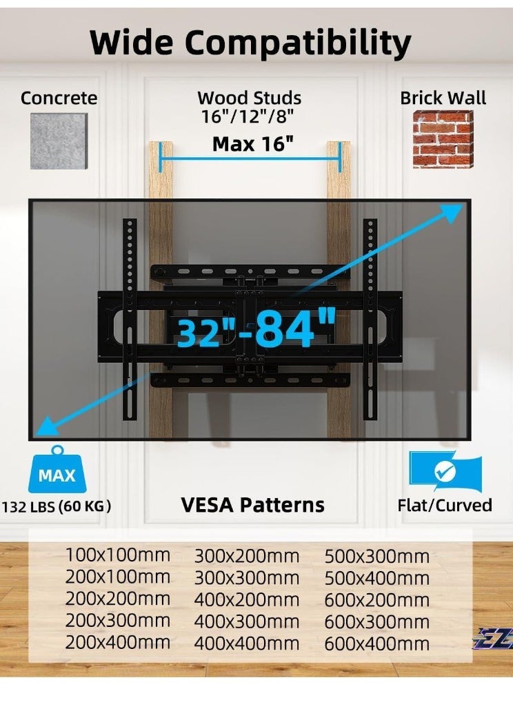 ELTRAZONE Swivel TV Wall Bracket for 32"-75" TVs – Full Motion TV Mount with ±60° Swivel, 5°/-15° Tilt, Max VESA 600x400mm, Load Capacity 132lbs/60kg, 15.2"/38.6cm Extendable Reach, HV6601  - Image 2