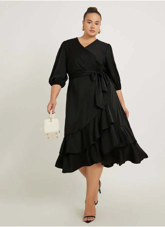 Styli Styli Plus Size Balloon Sleeve Wrap Midi Dress