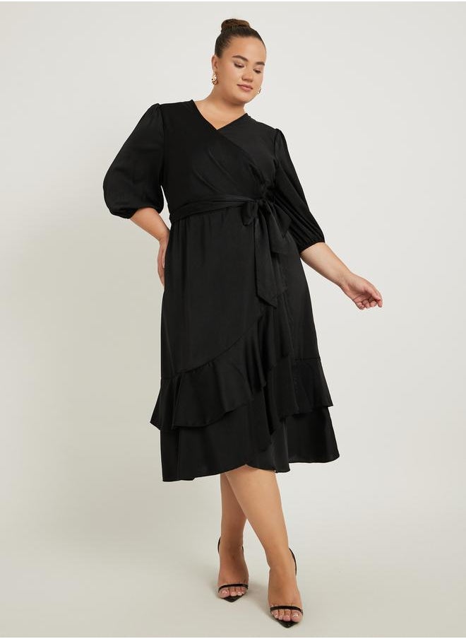 Styli Styli Plus Size Balloon Sleeve Wrap Midi Dress  - Image 2