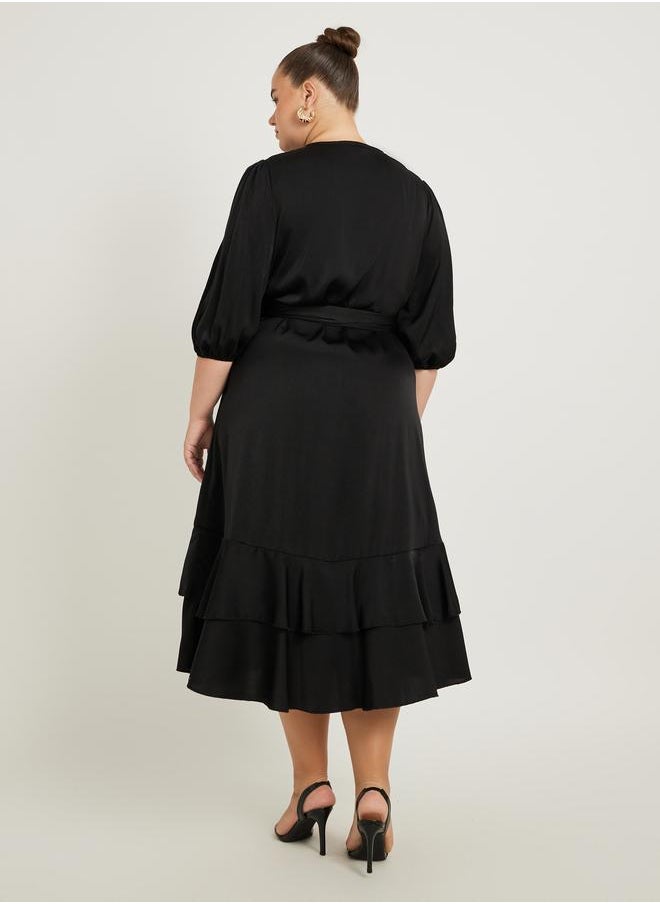 Styli Styli Plus Size Balloon Sleeve Wrap Midi Dress  - Image 5