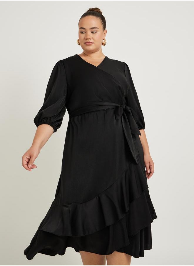 Styli Styli Plus Size Balloon Sleeve Wrap Midi Dress  - Image 3