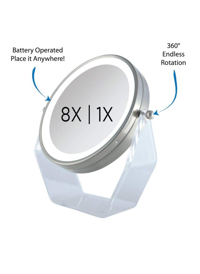Zadro Led Lighted 8X1X Magnification Twosided Swivel Acrylic Base Vanity Makeup Mirror For Bedroom Bathroom And Tabletop In Satin Nickel  - Image 3