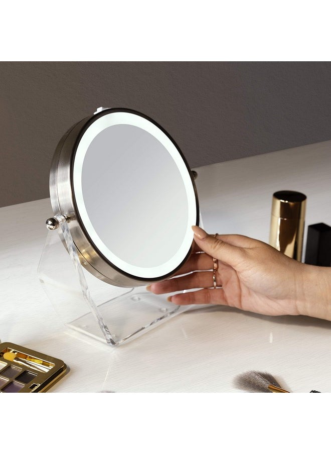 Zadro Led Lighted 8X1X Magnification Twosided Swivel Acrylic Base Vanity Makeup Mirror For Bedroom Bathroom And Tabletop In Satin Nickel  - Image 2