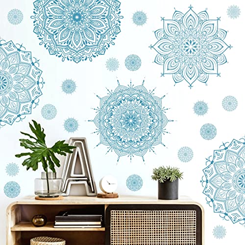 Kazova Light Blue Mandala Wall Stickers, Removable Mandala Art Decals Lotus Flower Boho Wall Decor for Yoga Room Meditation Space Bedroom Living Room, 4 Sheets 11 x 11 Inch - Image 1