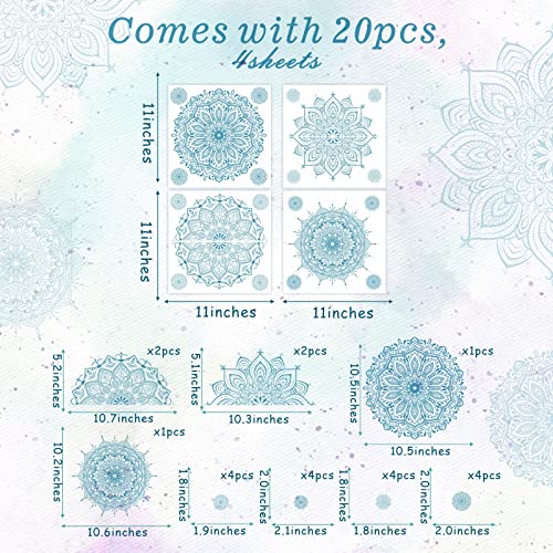 Kazova Light Blue Mandala Wall Stickers, Removable Mandala Art Decals Lotus Flower Boho Wall Decor for Yoga Room Meditation Space Bedroom Living Room, 4 Sheets 11 x 11 Inch - Image 2
