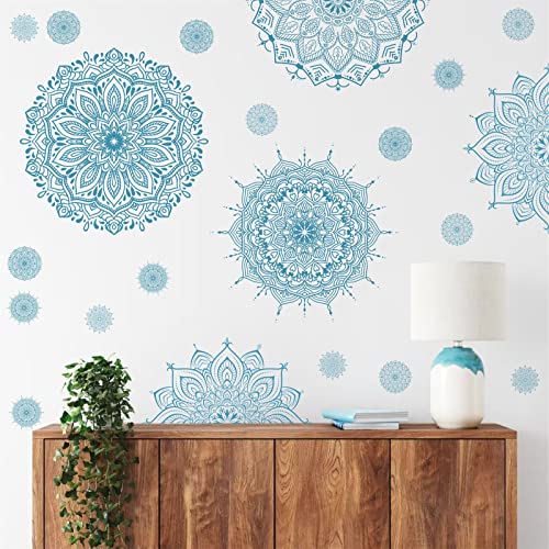 Kazova Light Blue Mandala Wall Stickers, Removable Mandala Art Decals Lotus Flower Boho Wall Decor for Yoga Room Meditation Space Bedroom Living Room, 4 Sheets 11 x 11 Inch - Image 3