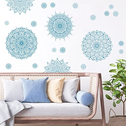 Kazova Light Blue Mandala Wall Stickers, Removable Mandala Art Decals Lotus Flower Boho Wall Decor for Yoga Room Meditation Space Bedroom Living Room, 4 Sheets 11 x 11 Inch - Image 5