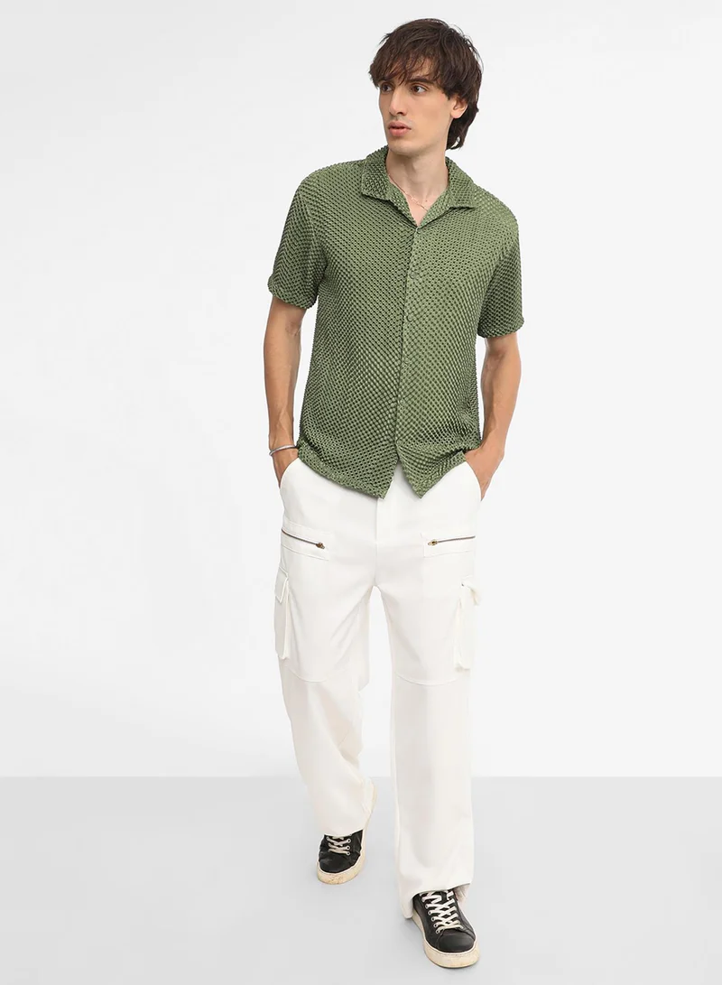 كامبوس سوترا Men's Olive Green Puffy-Textured Shirt