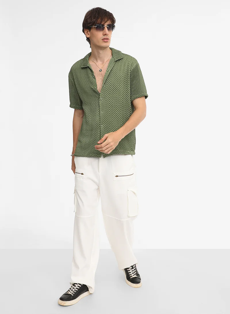كامبوس سوترا Men's Olive Green Puffy-Textured Shirt