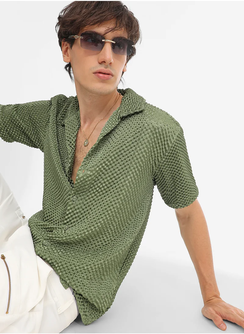 Campus Sutra Men's Olive Green Puffy-Textured Shirt