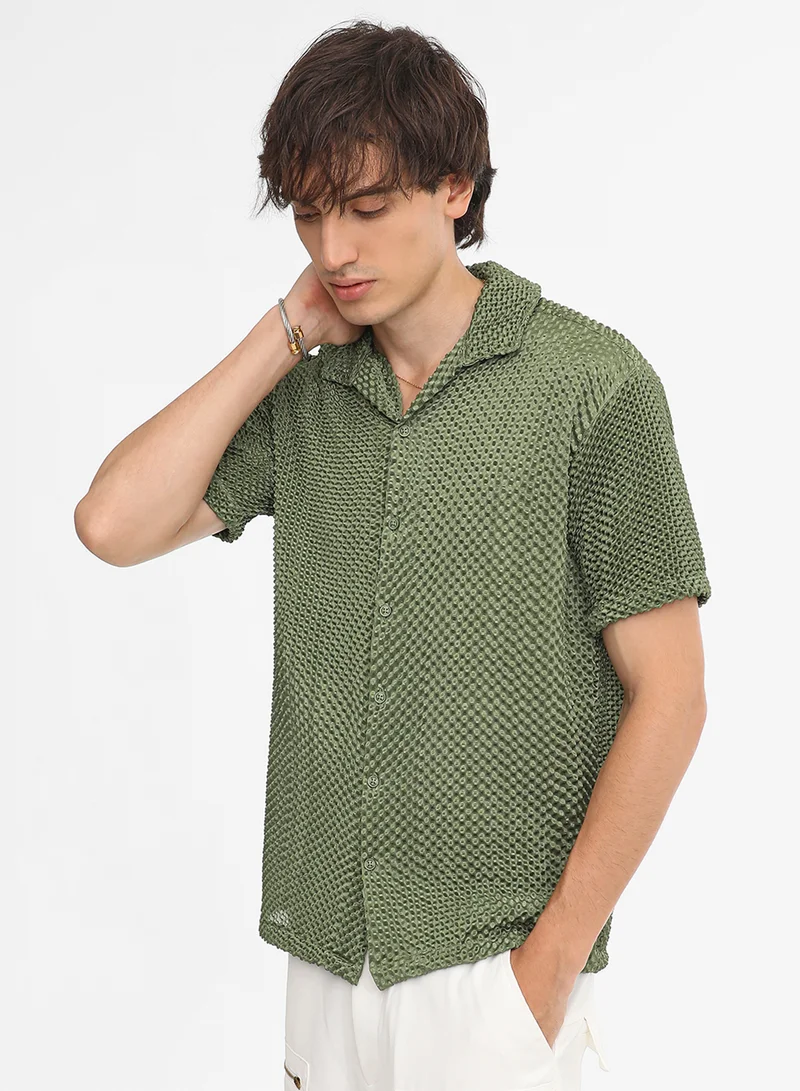 كامبوس سوترا Men's Olive Green Puffy-Textured Shirt