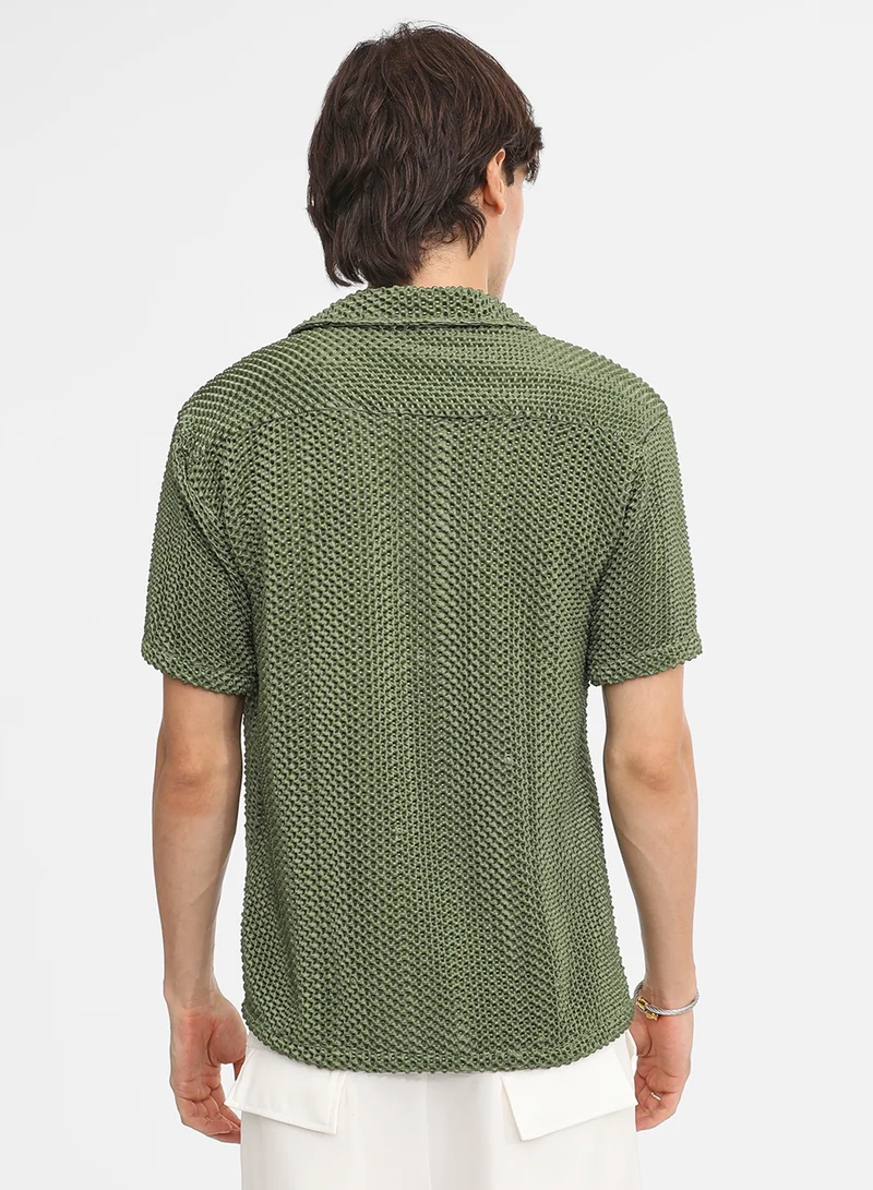 كامبوس سوترا Men's Olive Green Puffy-Textured Shirt