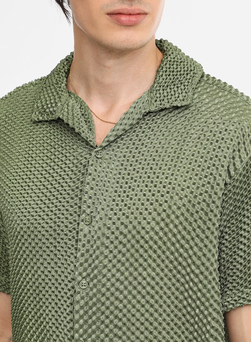كامبوس سوترا Men's Olive Green Puffy-Textured Shirt