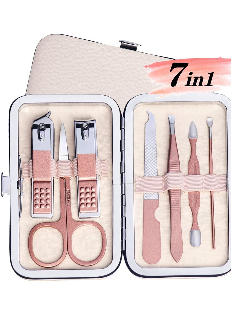 ORiTi Travel Manicure Set, 7 in 1 Manicure Kit Pedicure Kit Nail Clippers Set Stainless Steel Nail Kit for Women Men - Pink - Image 1