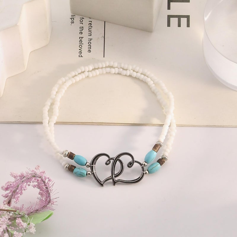 ANGLEQUEEN Elastic Beaded Ankle Bracelets for Women Double Heart Layered Stretch Ankle Bracelets Waterproof Dainty Boho Beaded Anklets for Summer Beach Foot Jewelry (White Black) - Image 5