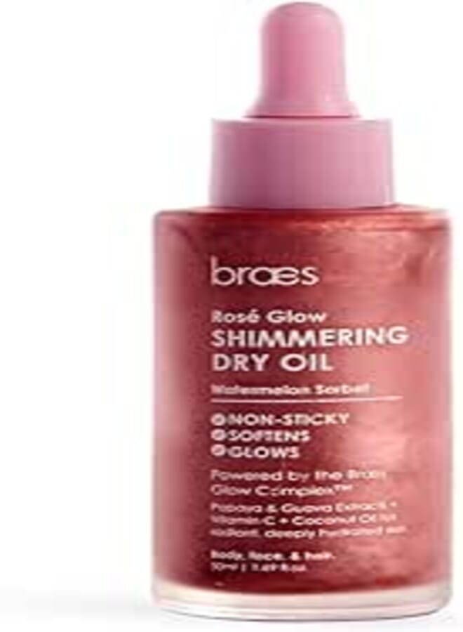 Braes Rose Glow Shimmering Dry Oil - Watermelon Sorbet - 50 ml - Deeply Hydrates Skin for Silky Smooth Finish - Multi-Use for Face, Body and Hair