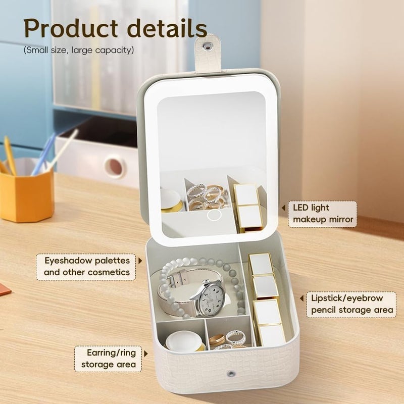 Makeup Mirror with LED Light, Portable Makeup Organizer Box, 3 Color Setting Cosmetic Mirror, Rechargeable Desktop Vanity Mirror for Home Travel Women (White) - Image 1