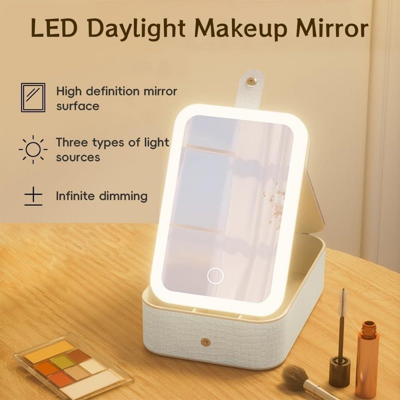 Makeup Mirror with LED Light, Portable Makeup Organizer Box, 3 Color Setting Cosmetic Mirror, Rechargeable Desktop Vanity Mirror for Home Travel Women (White) - Image 4