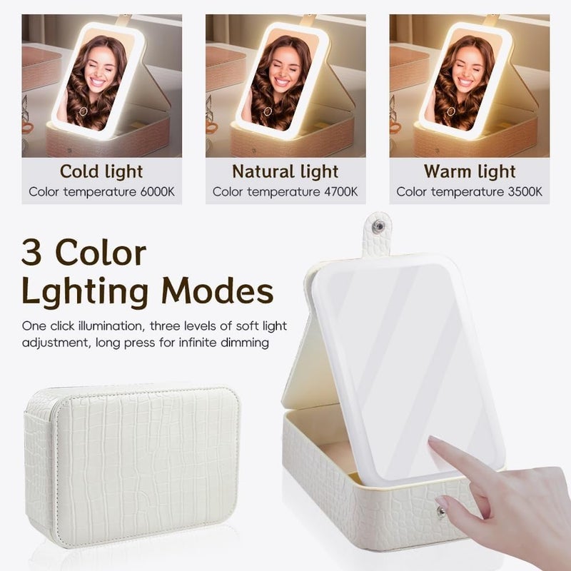 Makeup Mirror with LED Light, Portable Makeup Organizer Box, 3 Color Setting Cosmetic Mirror, Rechargeable Desktop Vanity Mirror for Home Travel Women (White) - Image 2