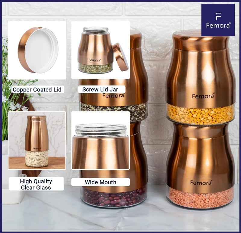 Femora Clear Glass Gold Metallic Steel Glass Jars Tea Sugar Jar Container Cereal, Spices, Pulses Container Spice Jar for Kitchen Storage Jars for Kitchen Storage, 1300 ML Set of 2 - Image 2