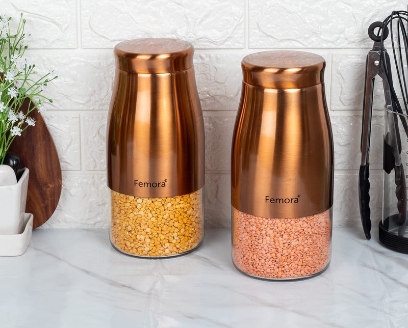 Femora Clear Glass Gold Metallic Steel Glass Jars Tea Sugar Jar Container Cereal, Spices, Pulses Container Spice Jar for Kitchen Storage Jars for Kitchen Storage, 1300 ML Set of 2 - Image 1