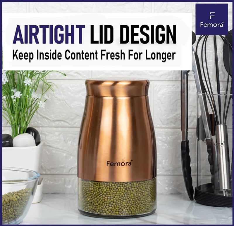 Femora Clear Glass Gold Metallic Steel Glass Jars Tea Sugar Jar Container Cereal, Spices, Pulses Container Spice Jar for Kitchen Storage Jars for Kitchen Storage, 1300 ML Set of 2 - Image 5