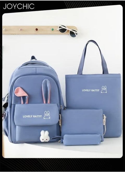 4 Piece Lovely Pattern Canvas Large Capacity School Backpack Set Multifunction Brief School Bag with Pencil Pouch for Primary Middle High Students