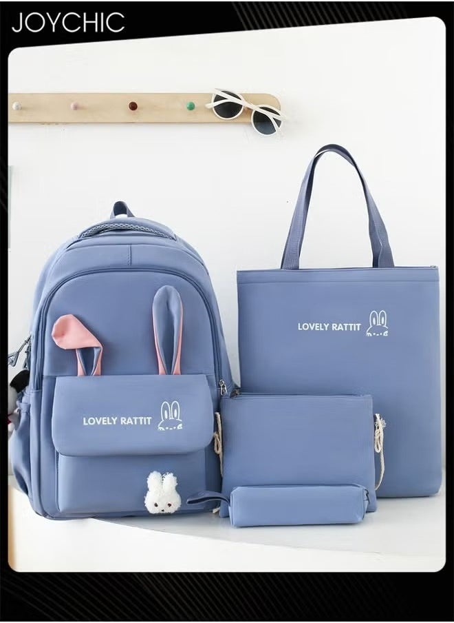 4 Piece Lovely Pattern Canvas Large Capacity School Backpack Set Multifunction Brief School Bag with Pencil Pouch for Primary Middle High Students