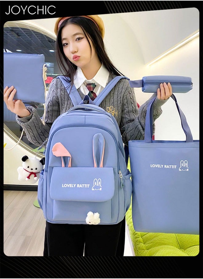 4 Piece Lovely Pattern Canvas Large Capacity School Backpack Set Multifunction Brief School Bag with Pencil Pouch for Primary Middle High Students
